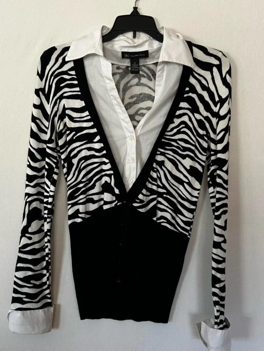 INC International Concepts Black & White Zebra V-Neck Button Cardigan